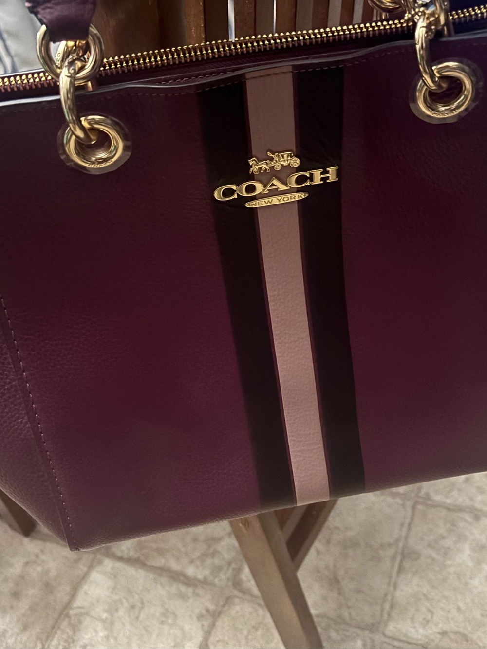 Coach Plum Leather Tote with Pink and Black Racing Stripes